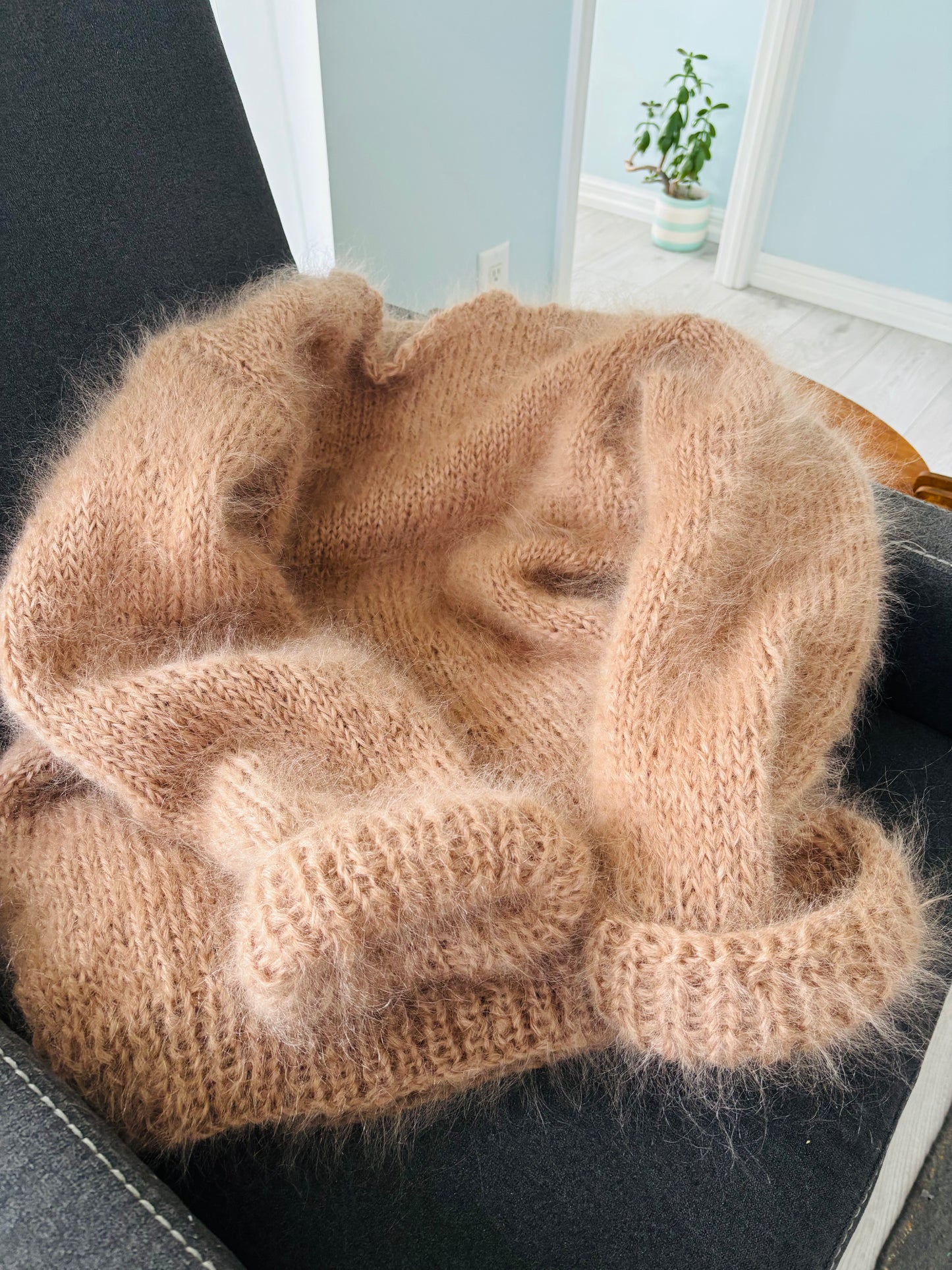 Hand-Knit Mohair Pullover: Oversized Crew Neck Sweater, Cuffed Sleeves
