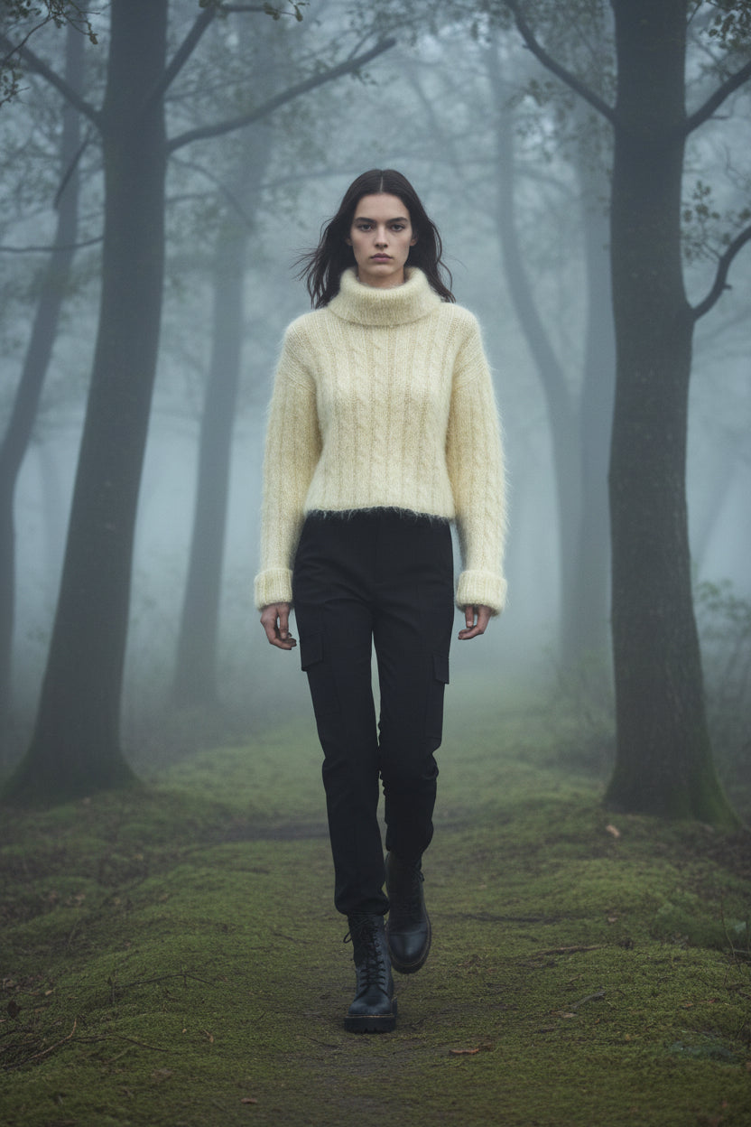 Hand-Knit Cream Mohair Turtleneck Sweater