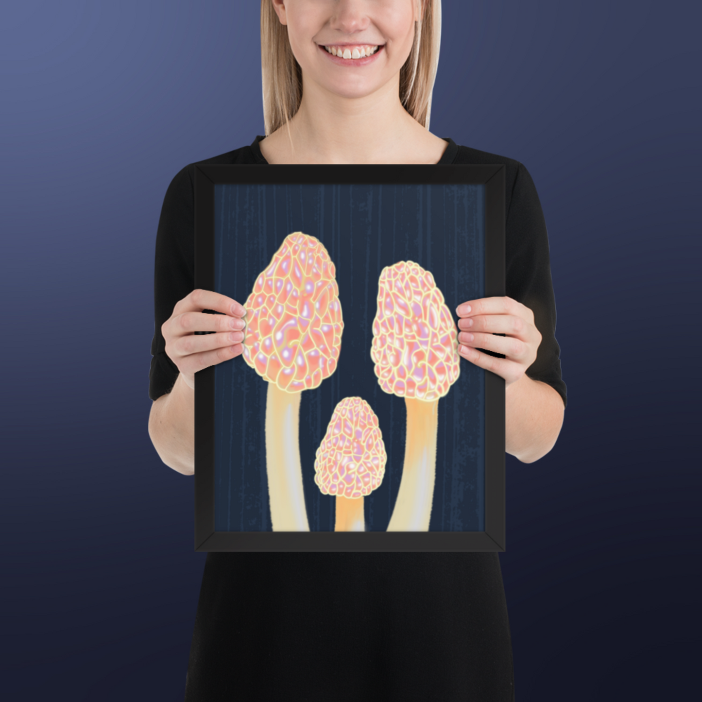 Morel Framed poster - Hand-Painted Morel Mushroom Poster – Pink & Blue Framed Art - Fungi Home Decor