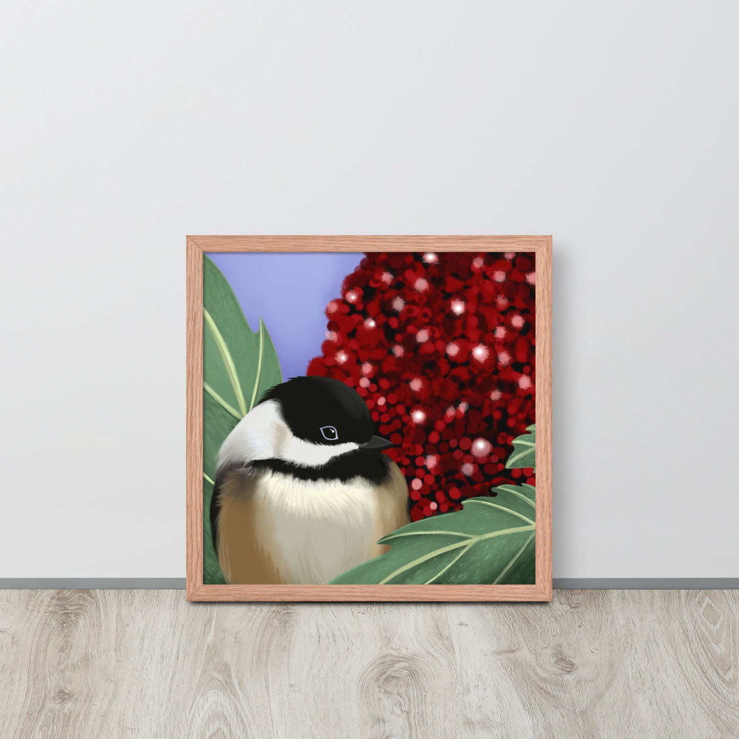 Chickadee & Sumac Tree Wall Art | Hand-Painted Bird Print | Nature Home Décor