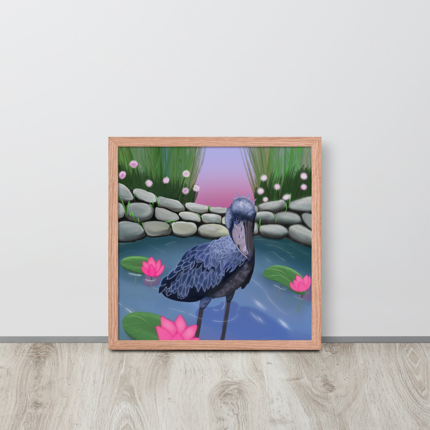 Shoebill Stork Wall Art | Hand-Painted Bird in Lotus Pond