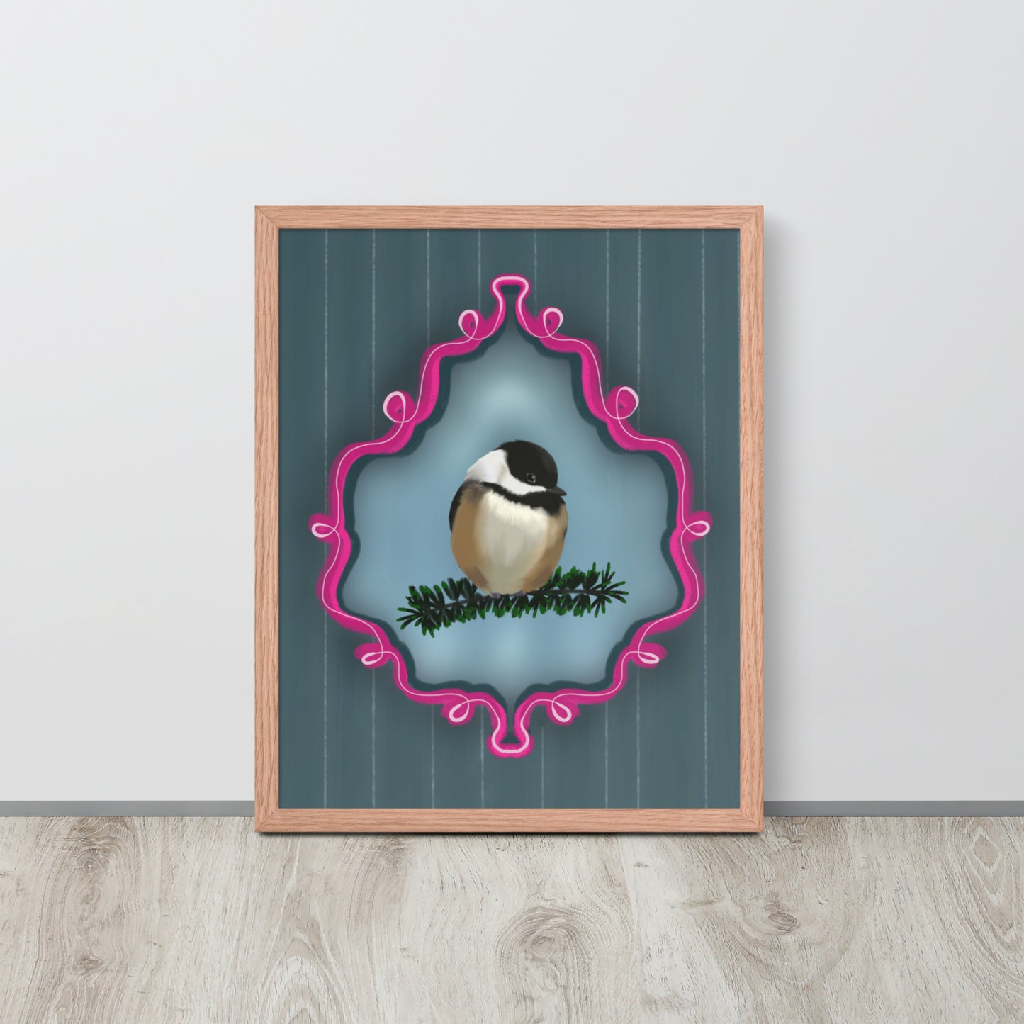 Chickadee on Pine Branch Wall Art | Whimsical Bird Print | Dark Blue Pinstripe