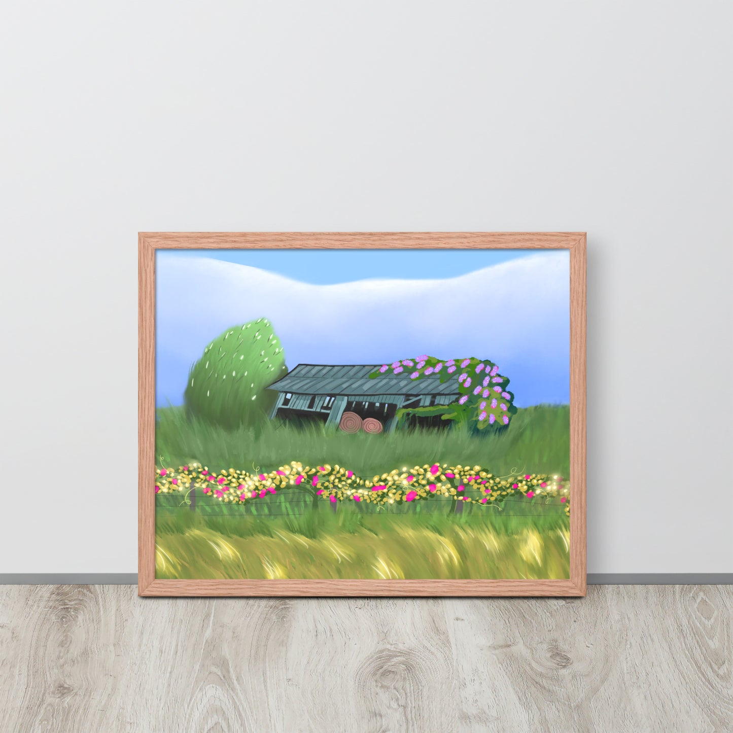 Countryside Barn & Lilac Florals Wall Art Print | Rustic Landscape Poster