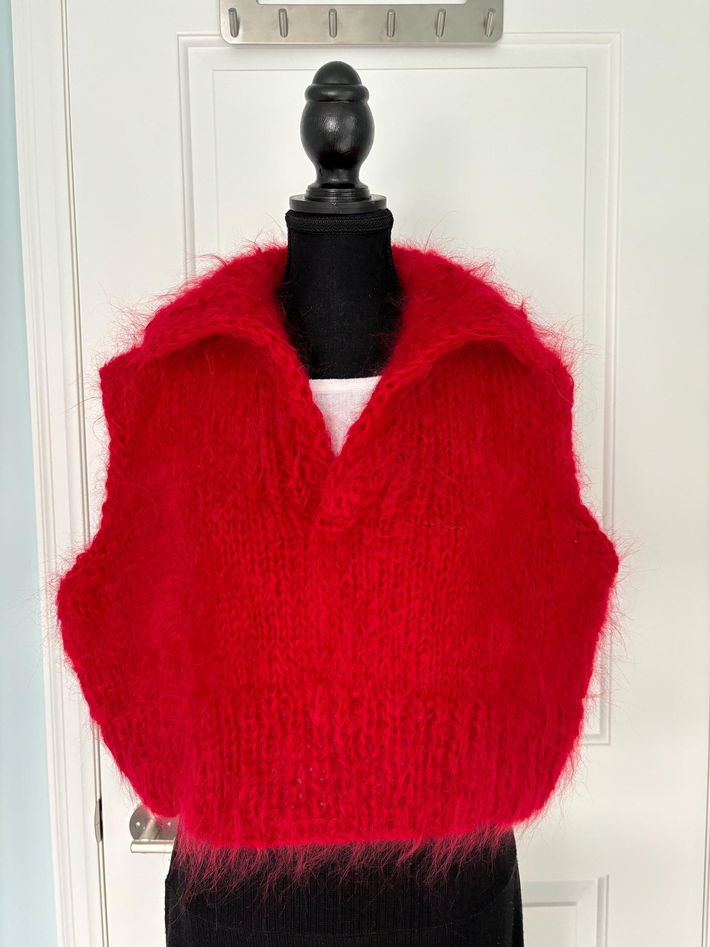 Hand-Knit Red Mohair Vest: Cropped V-Neck, Roll Collar