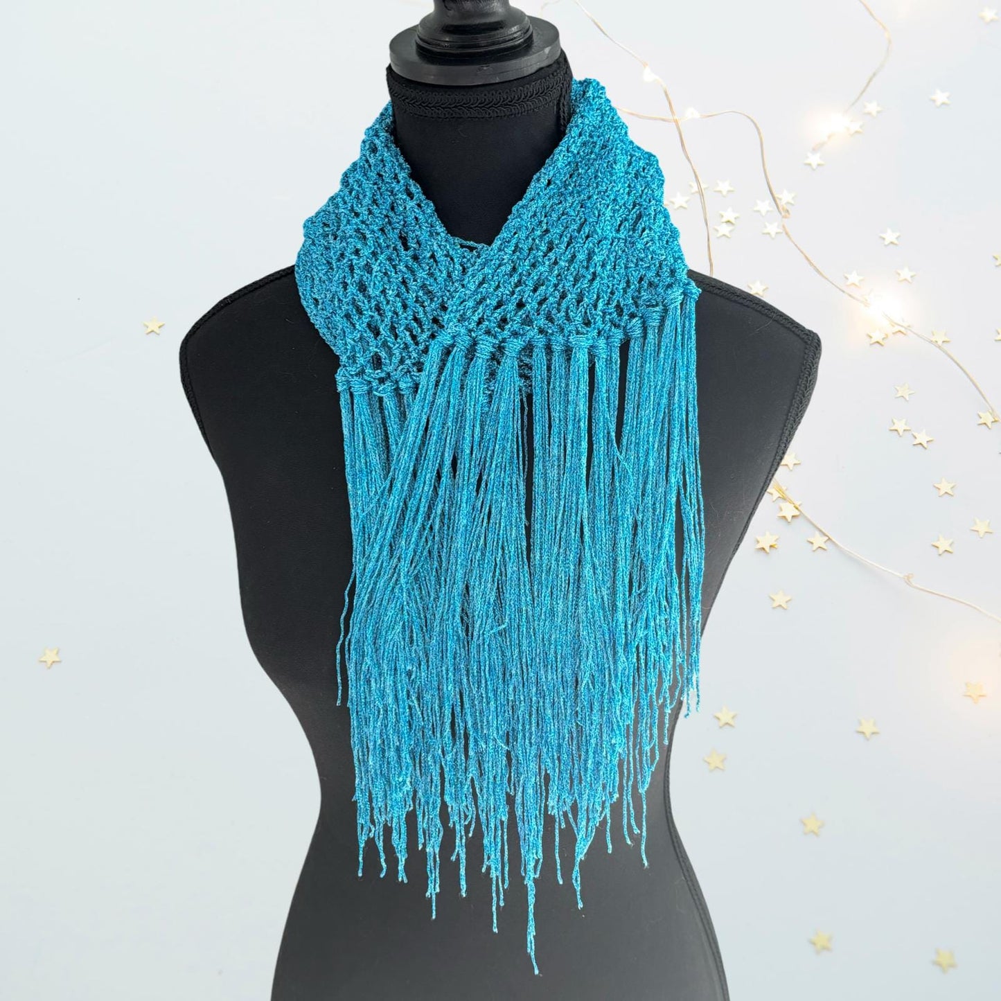 Teal Blue Crocheted Chainmail Scarf: Shimmery Metallic Tassel Shawl