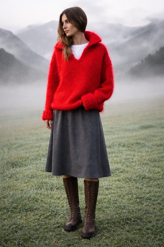 Person wearing a red sweater and gray skirt standing in a foggy field with mountains in the background