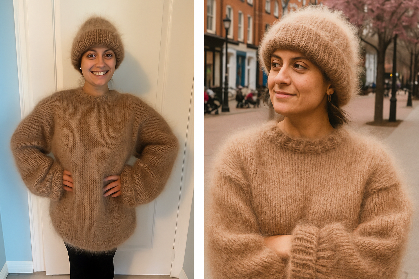 Hand-Knit Mohair Pullover: Oversized Crew Neck Sweater, Cuffed Sleeves