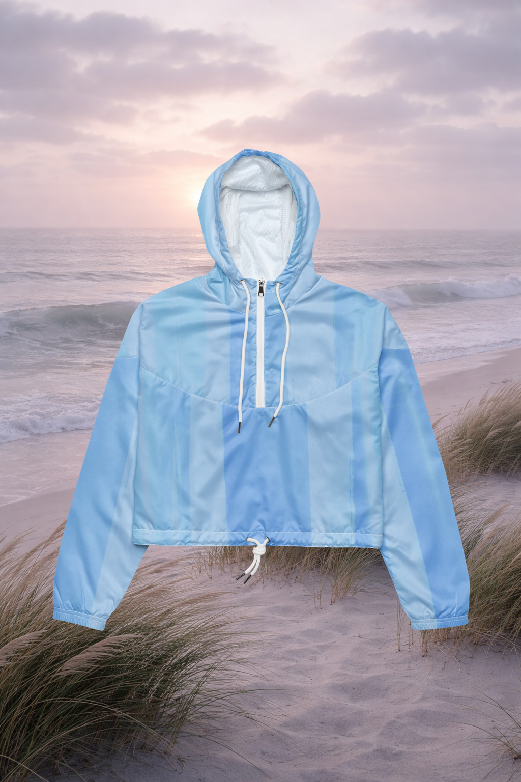 Light Blue Cropped Windbreaker Hoodie – Women's Water-Resistant Athletic Jacket