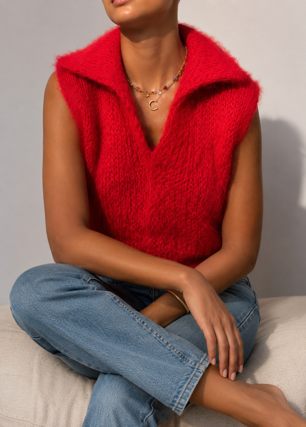 Hand-Knit Red Mohair Vest: Cropped V-Neck, Roll Collar