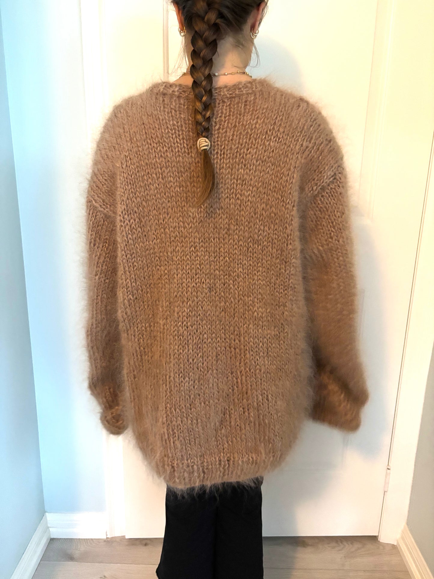 Hand-Knit Mohair Pullover: Oversized Crew Neck Sweater, Cuffed Sleeves