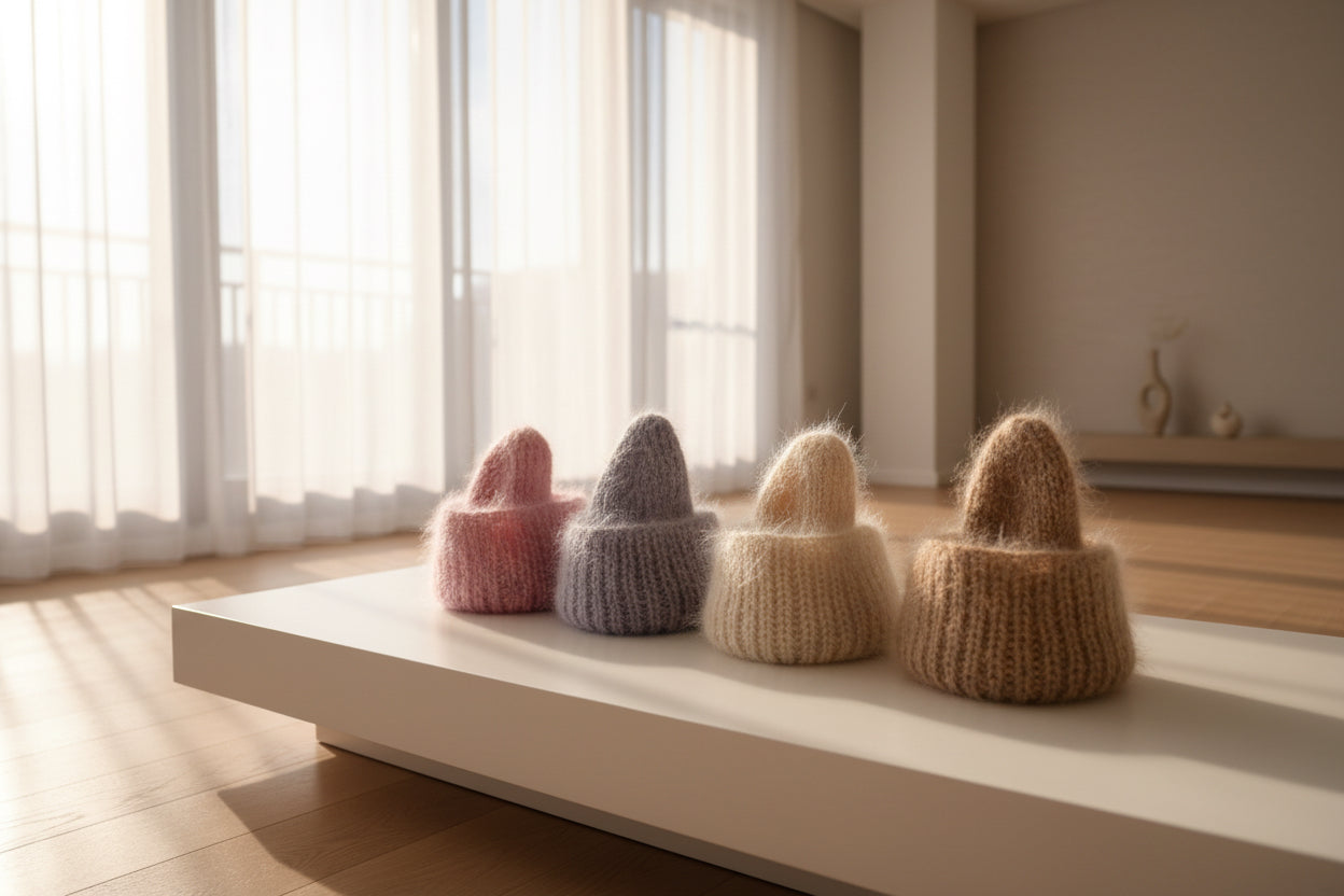 Four knitted hats in different colors on a white surface with large windows in the background.