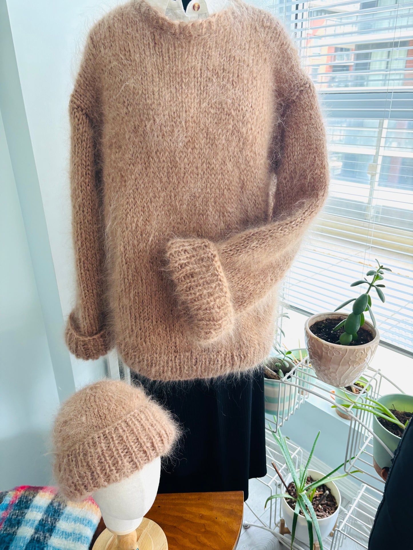 Hand-Knit Mohair Pullover: Oversized Crew Neck Sweater, Cuffed Sleeves