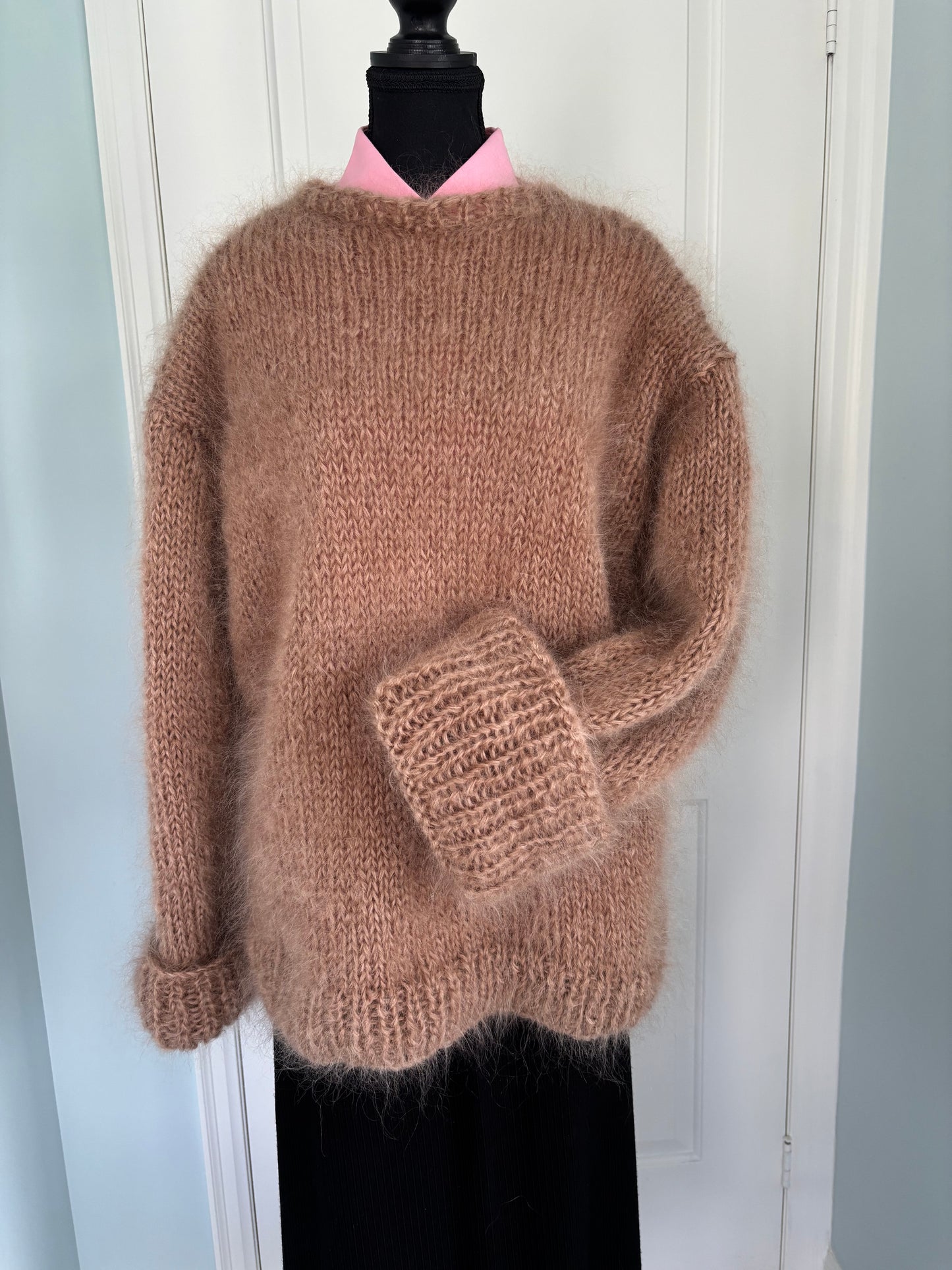Hand-Knit Mohair Pullover: Oversized Crew Neck Sweater, Cuffed Sleeves