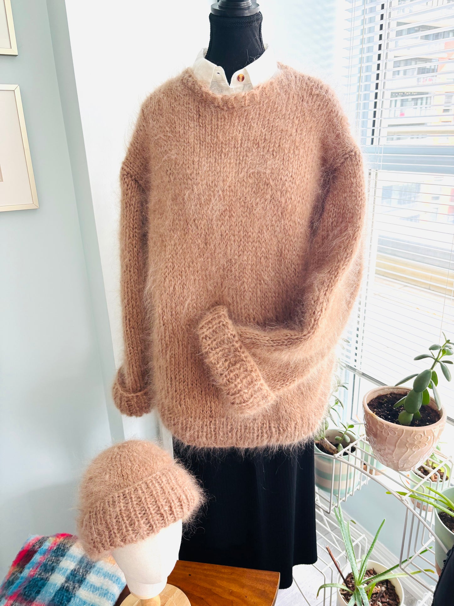 Hand-Knit Mohair Pullover: Oversized Crew Neck Sweater, Cuffed Sleeves