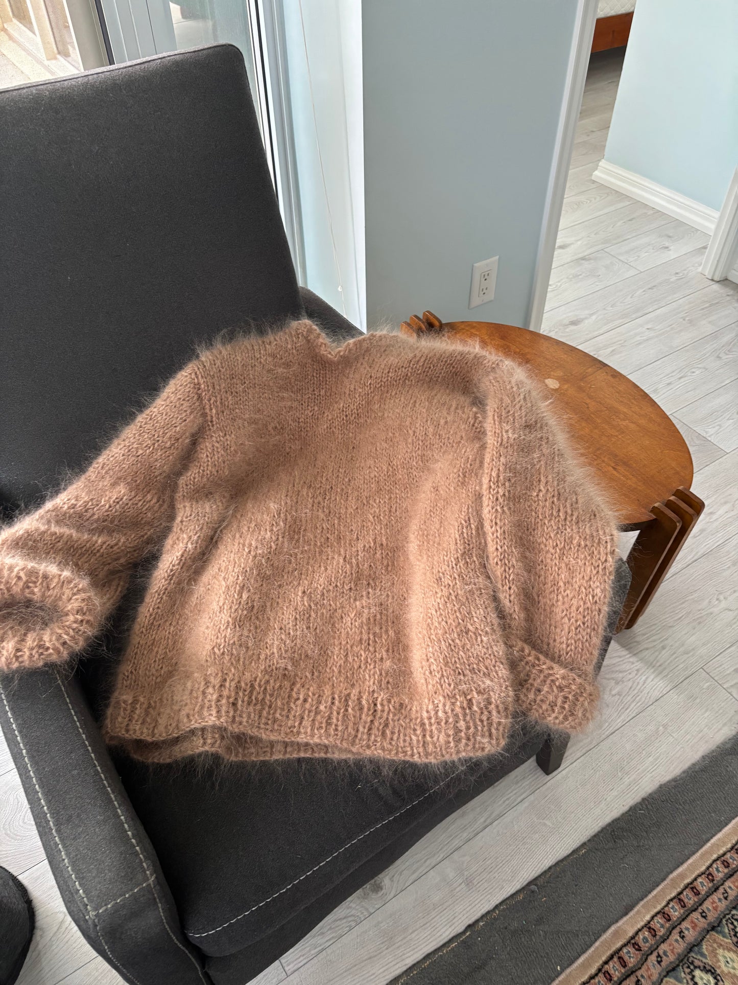 Hand-Knit Mohair Pullover: Oversized Crew Neck Sweater, Cuffed Sleeves