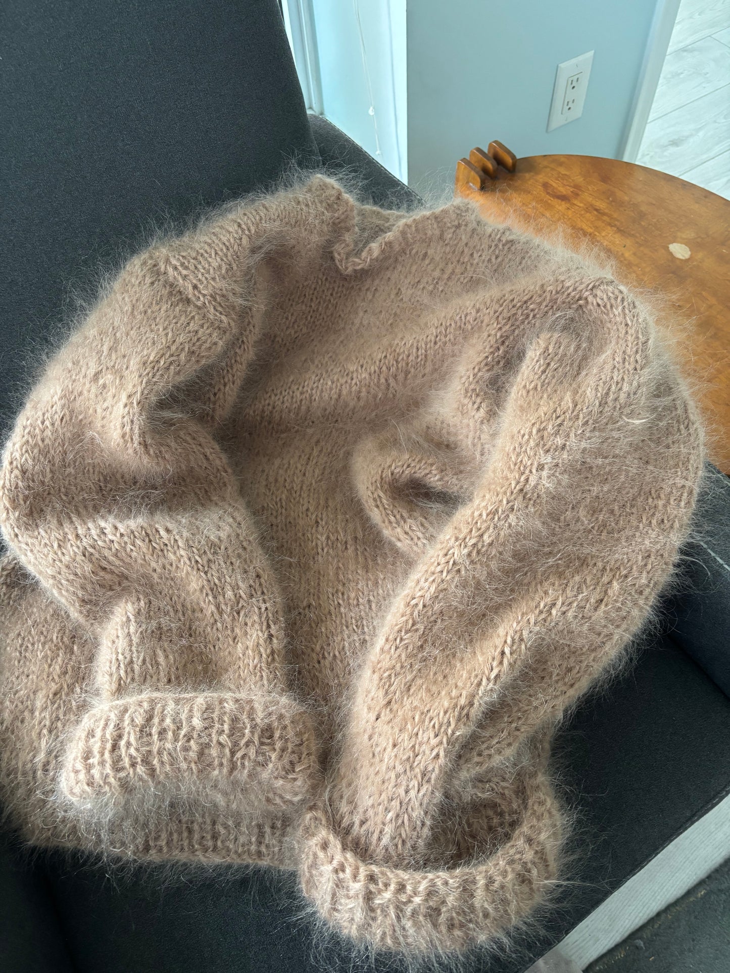Hand-Knit Mohair Pullover: Oversized Crew Neck Sweater, Cuffed Sleeves