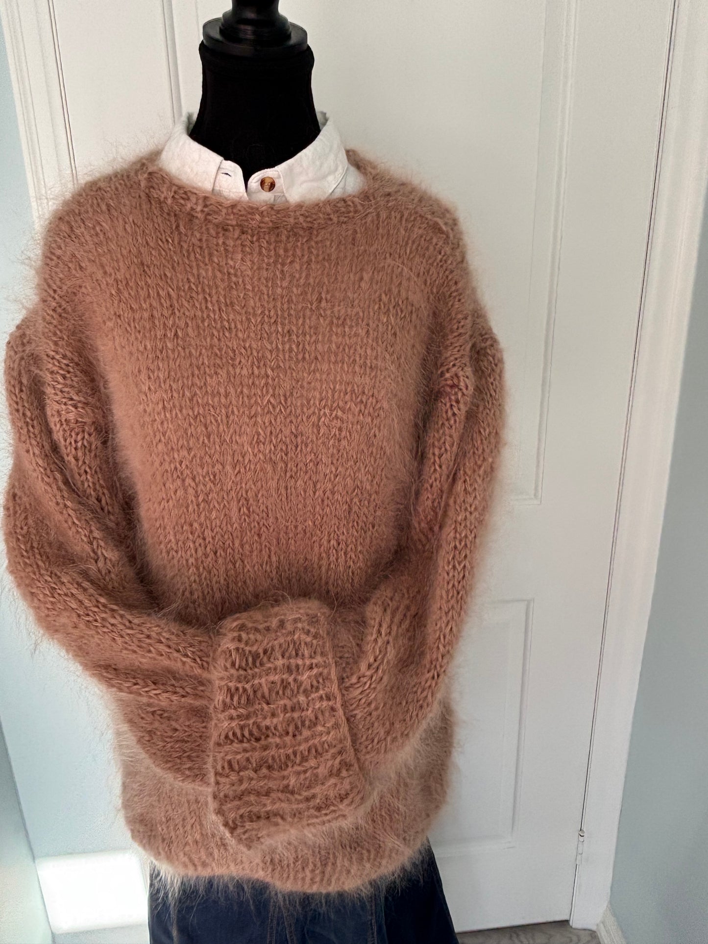 Hand-Knit Mohair Pullover: Oversized Crew Neck Sweater, Cuffed Sleeves