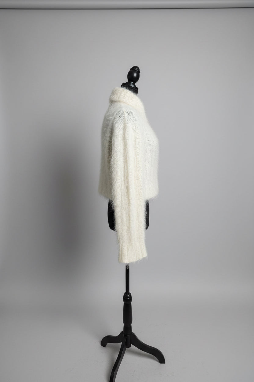 Hand-Knit Cream Mohair Turtleneck Sweater