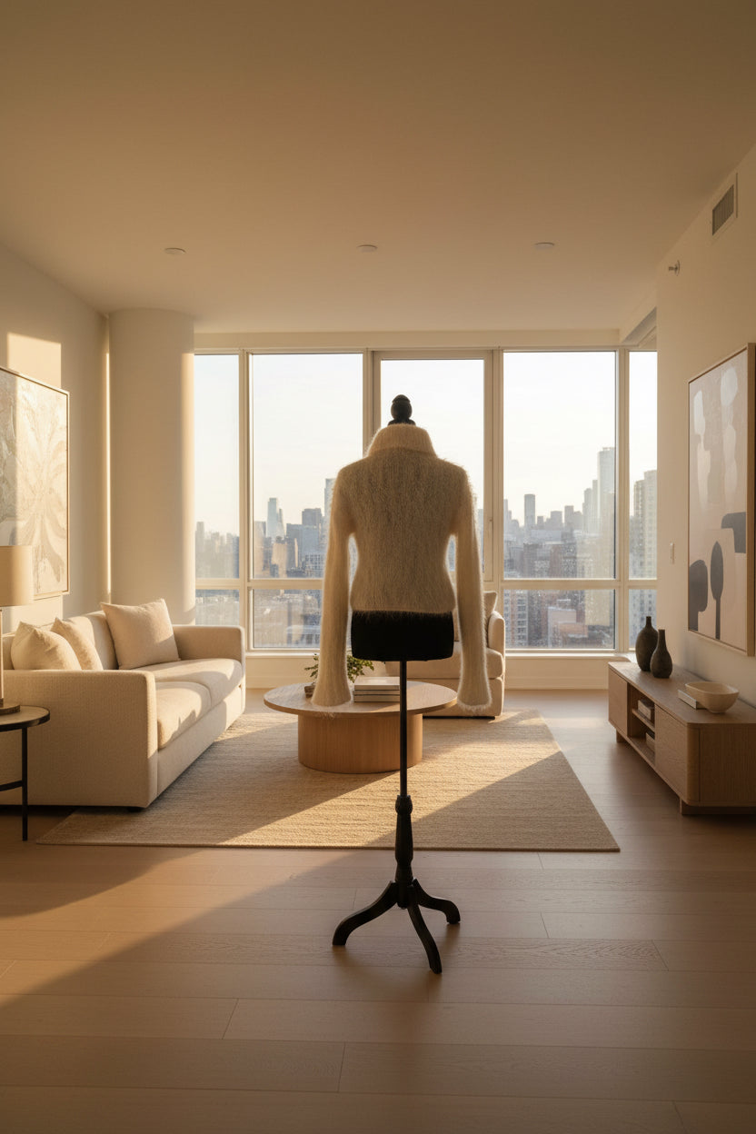 Mannequin wearing a textured white garment against a white wall.