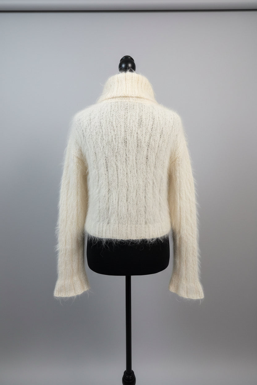Hand-Knit Cream Mohair Turtleneck Sweater
