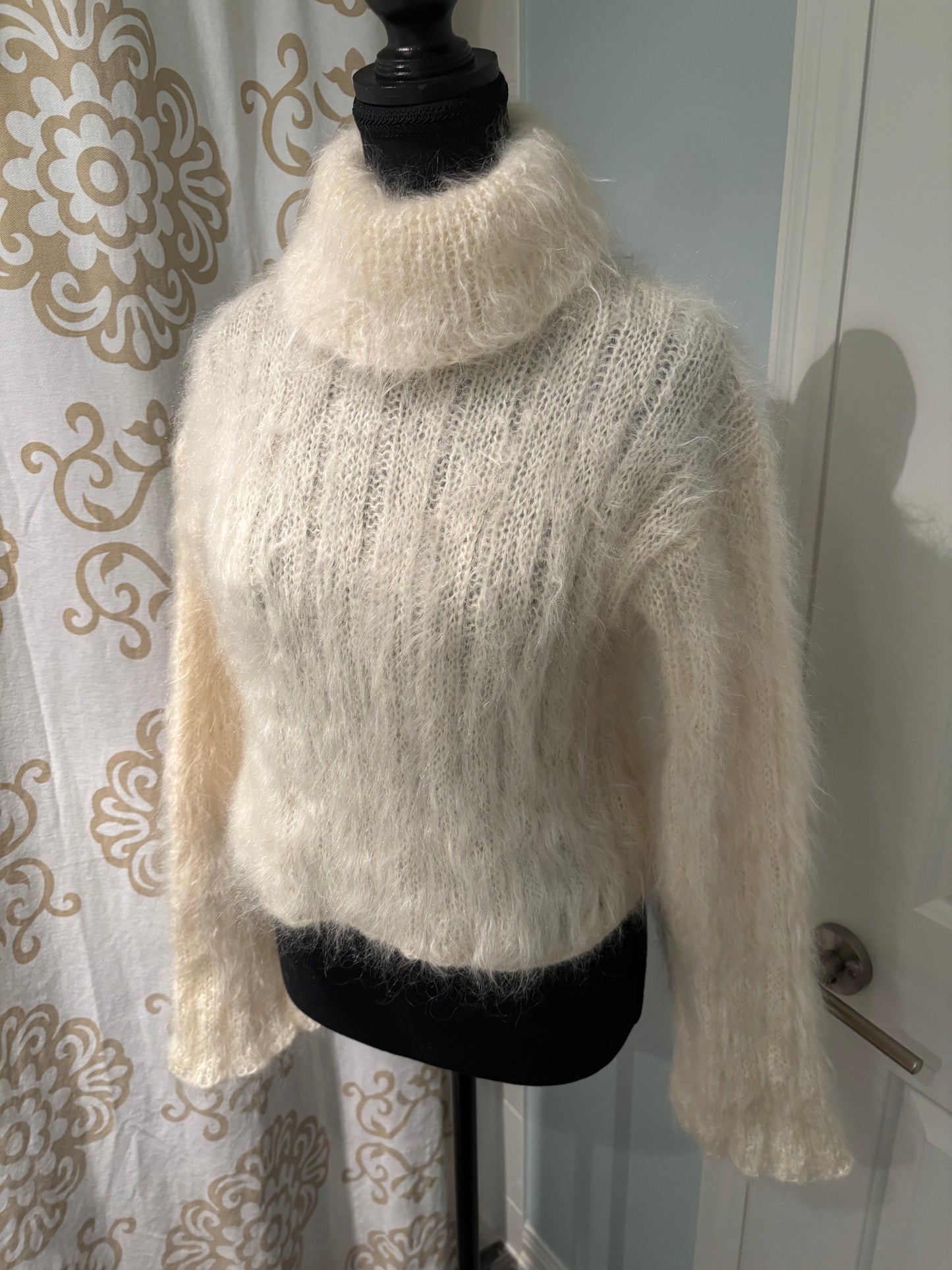 Hand-Knit Cream Mohair Turtleneck Sweater