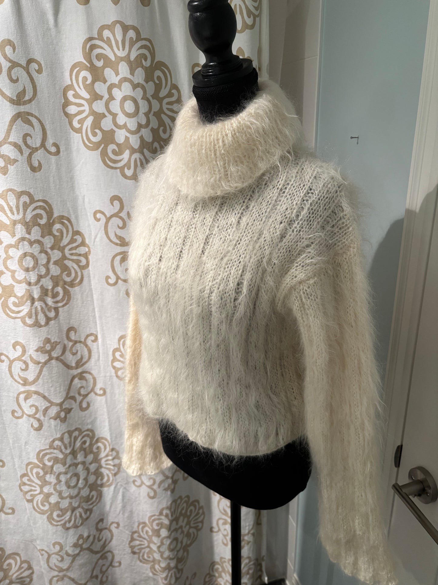 Hand-Knit Cream Mohair Turtleneck Sweater