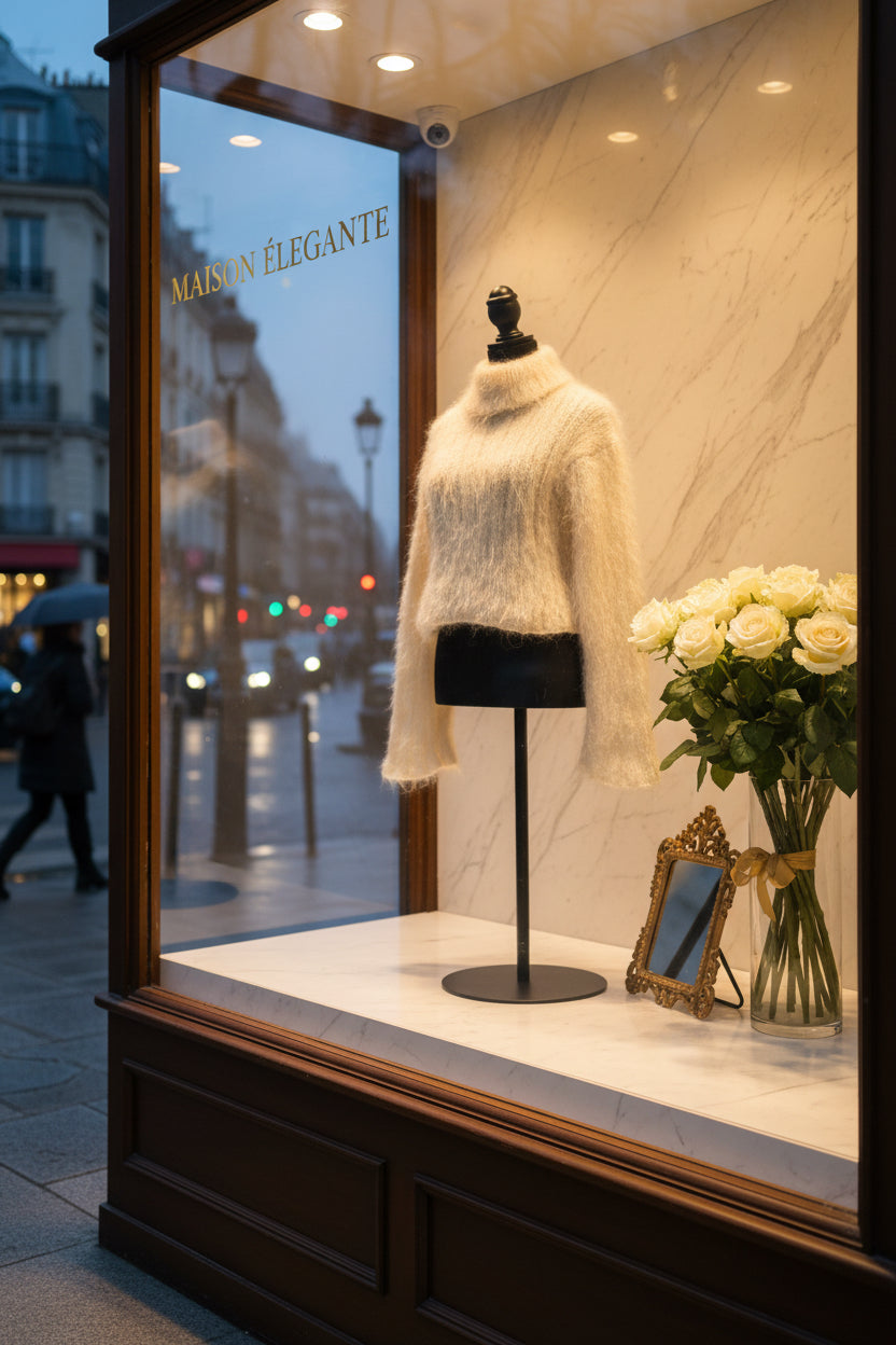 Beige fuzzy sweater on a mannequin against a floral curtain background