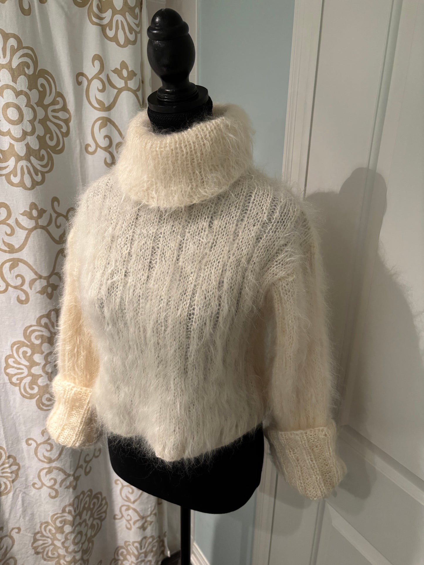 Hand-Knit Cream Mohair Turtleneck Sweater