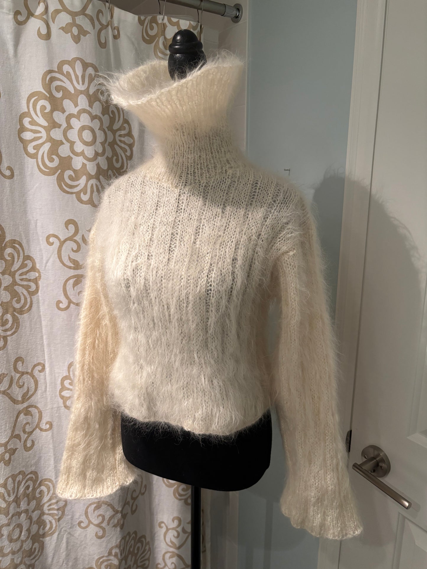 Hand-Knit Cream Mohair Turtleneck Sweater