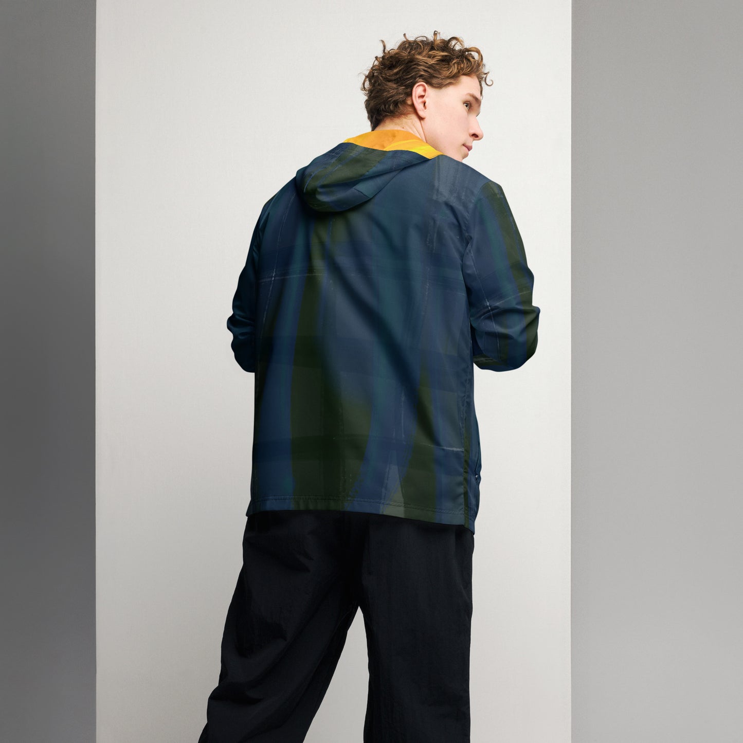 Indigo and Yellow Water-Resistant Windbreaker: Men's Lightweight Mesh-Lined Jacket