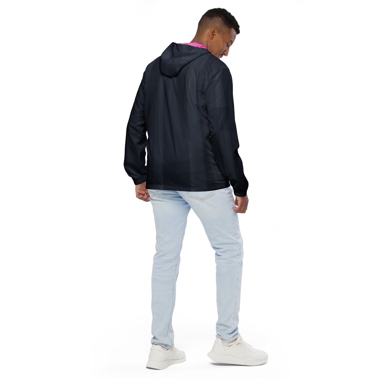 Indigo and Pink Men’s Hooded Windbreaker: Water-Resistant Athletic Jacket