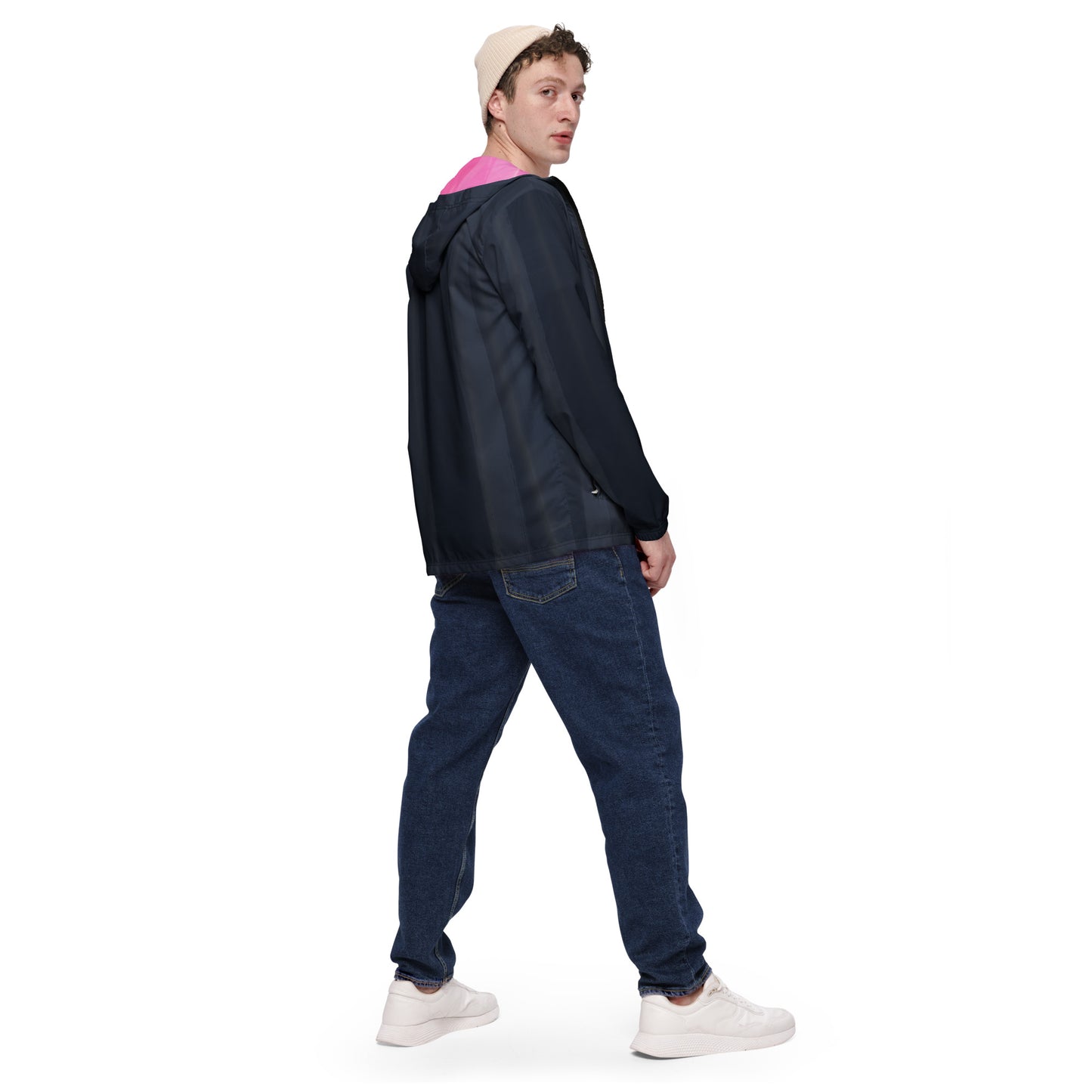 Indigo and Pink Men’s Hooded Windbreaker: Water-Resistant Athletic Jacket