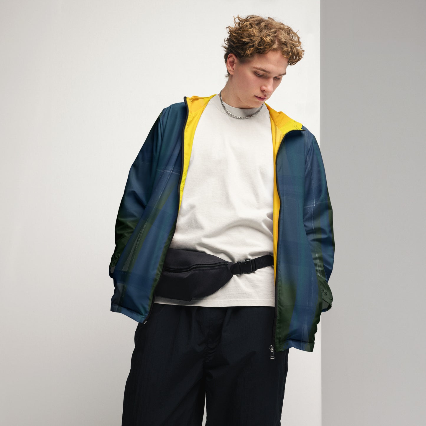 Indigo and Yellow Water-Resistant Windbreaker: Men's Lightweight Mesh-Lined Jacket