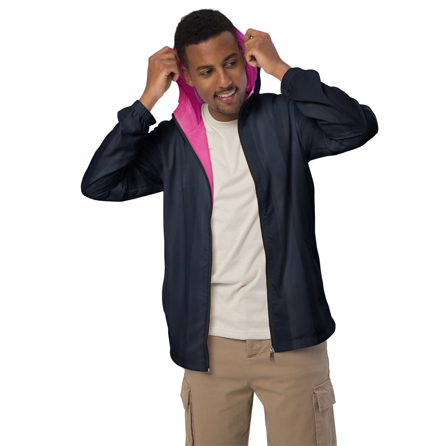 Indigo and Pink Men’s Hooded Windbreaker: Water-Resistant Athletic Jacket