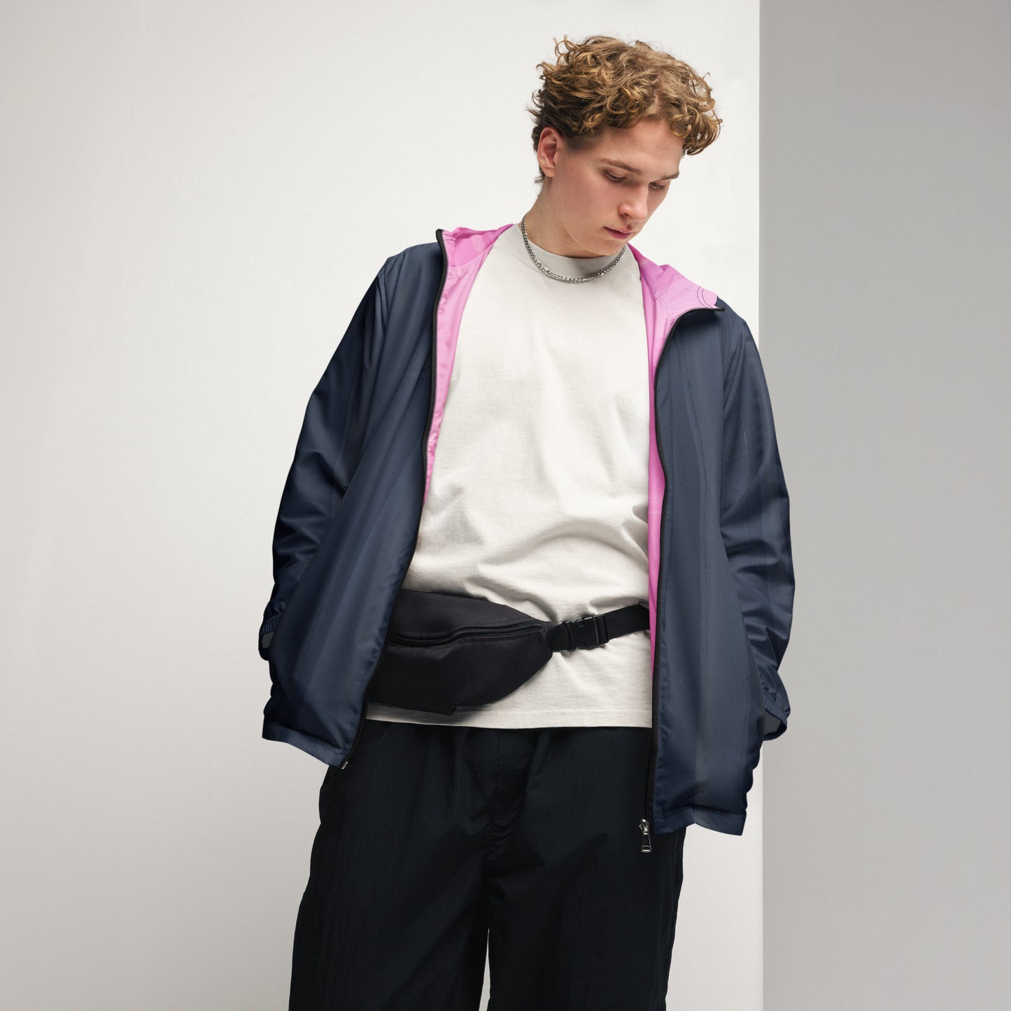 Indigo and Pink Men’s Hooded Windbreaker: Water-Resistant Athletic Jacket