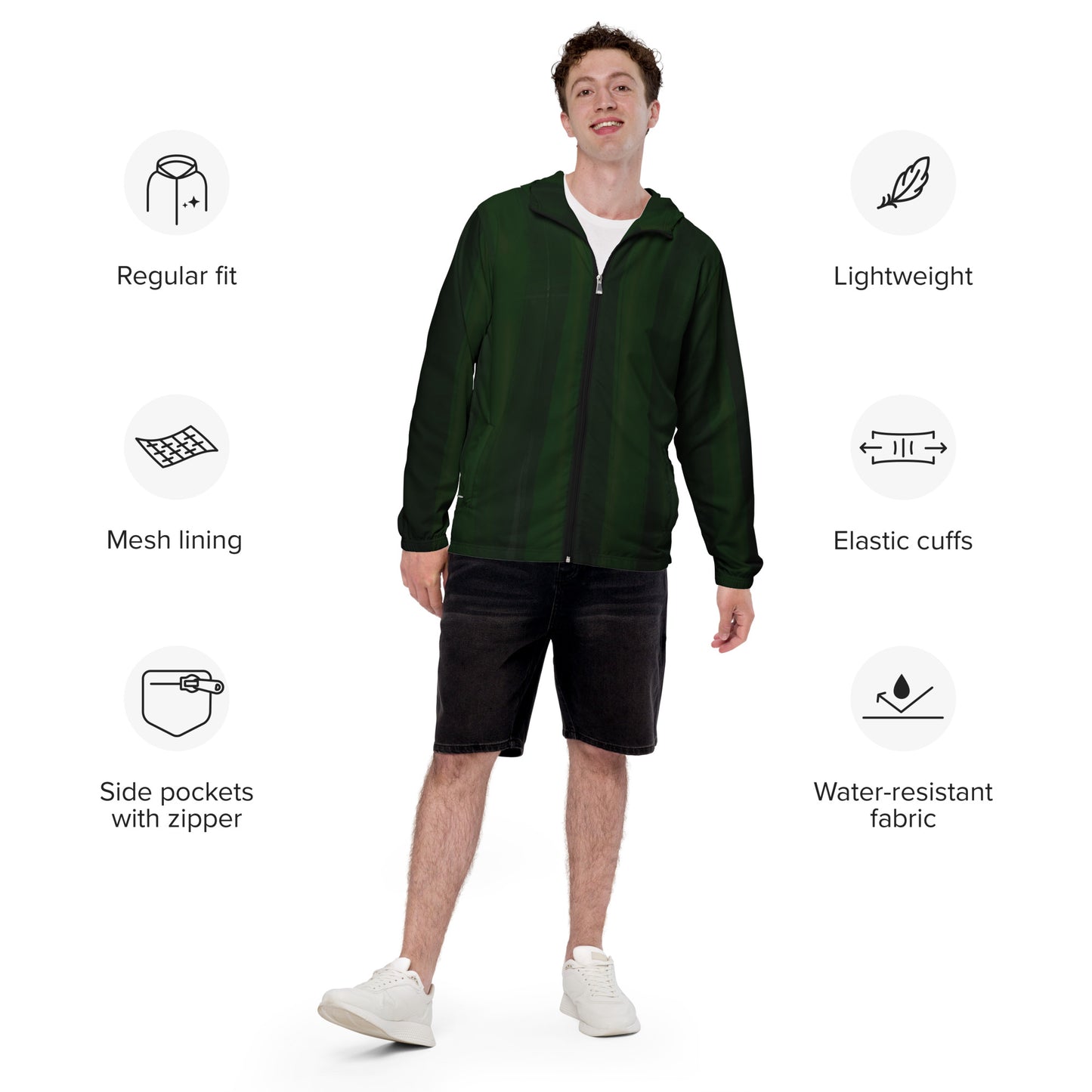 Dark Green Water-Resistant Windbreaker: Men's Lightweight Mesh-Lined Jacket