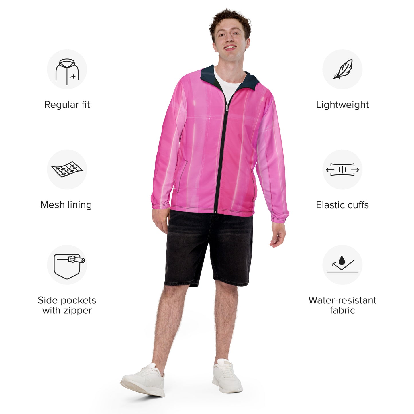 Pink Water-Resistant Windbreaker: Men's Lightweight Mesh-Lined Jacket