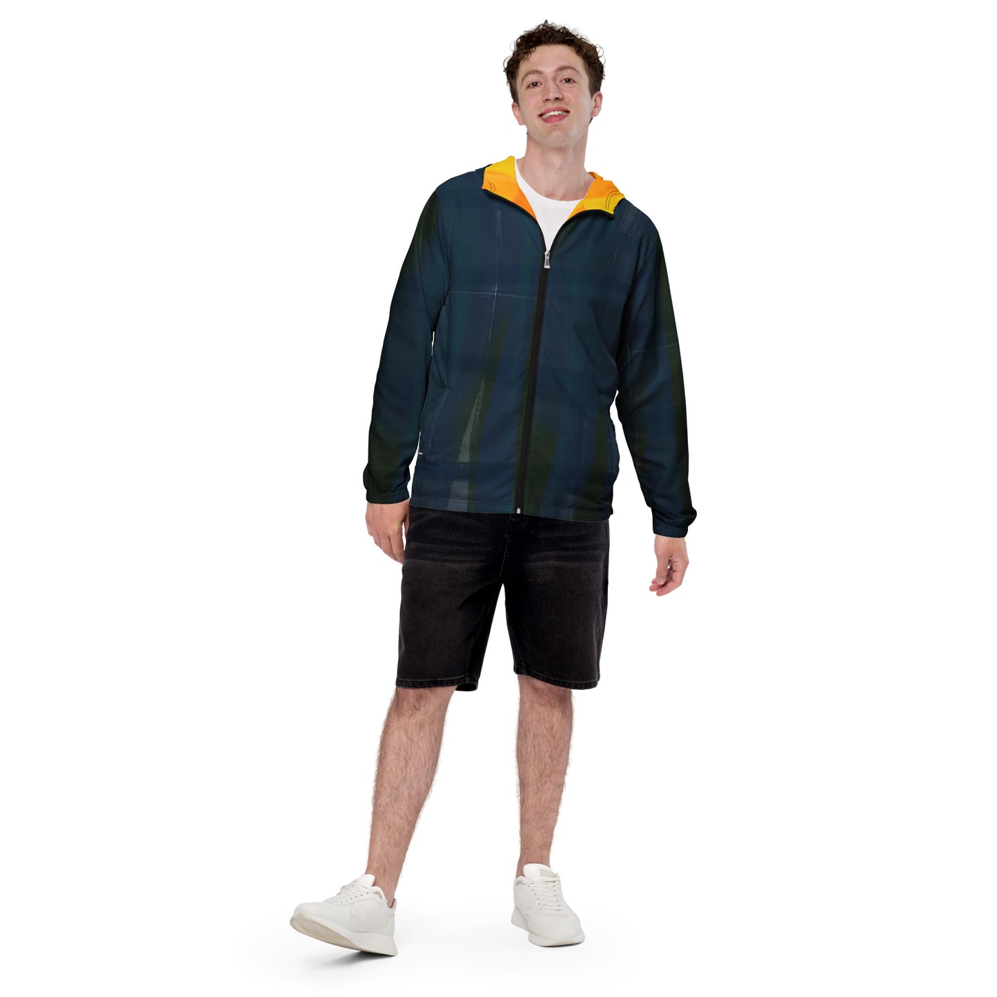 Indigo and Yellow Water-Resistant Windbreaker: Men's Lightweight Mesh-Lined Jacket