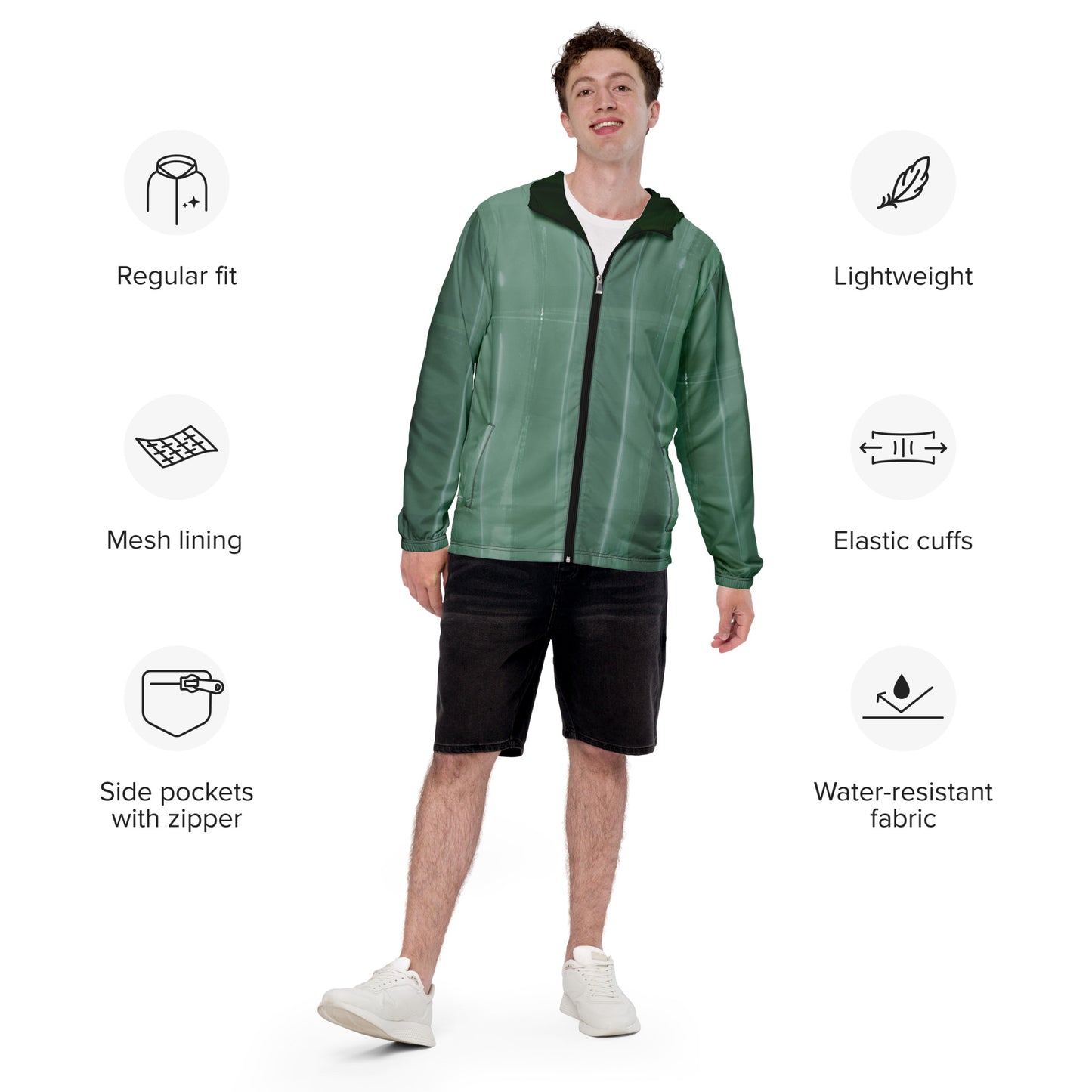Sage Green Water-Resistant Windbreaker, Men's Lightweight Mesh-Lined Jacket