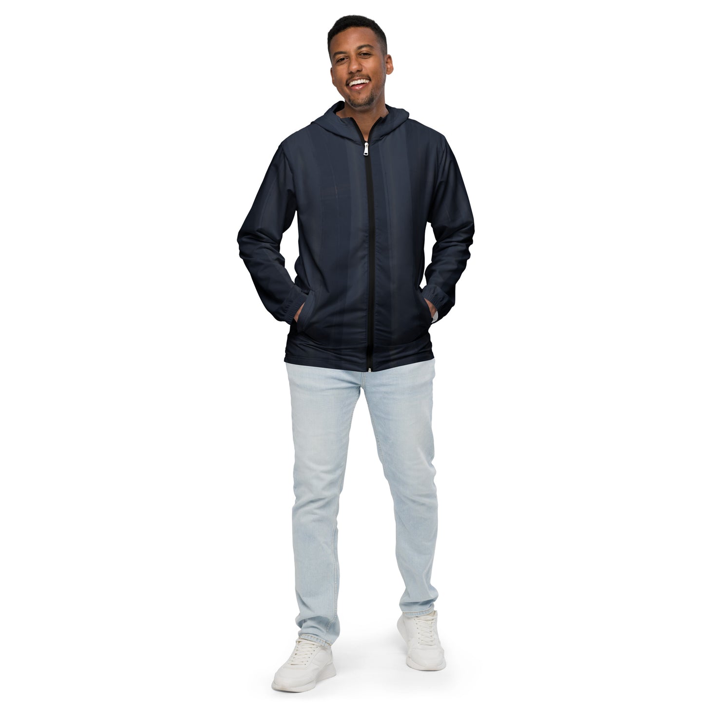 Indigo and Pink Men’s Hooded Windbreaker: Water-Resistant Athletic Jacket
