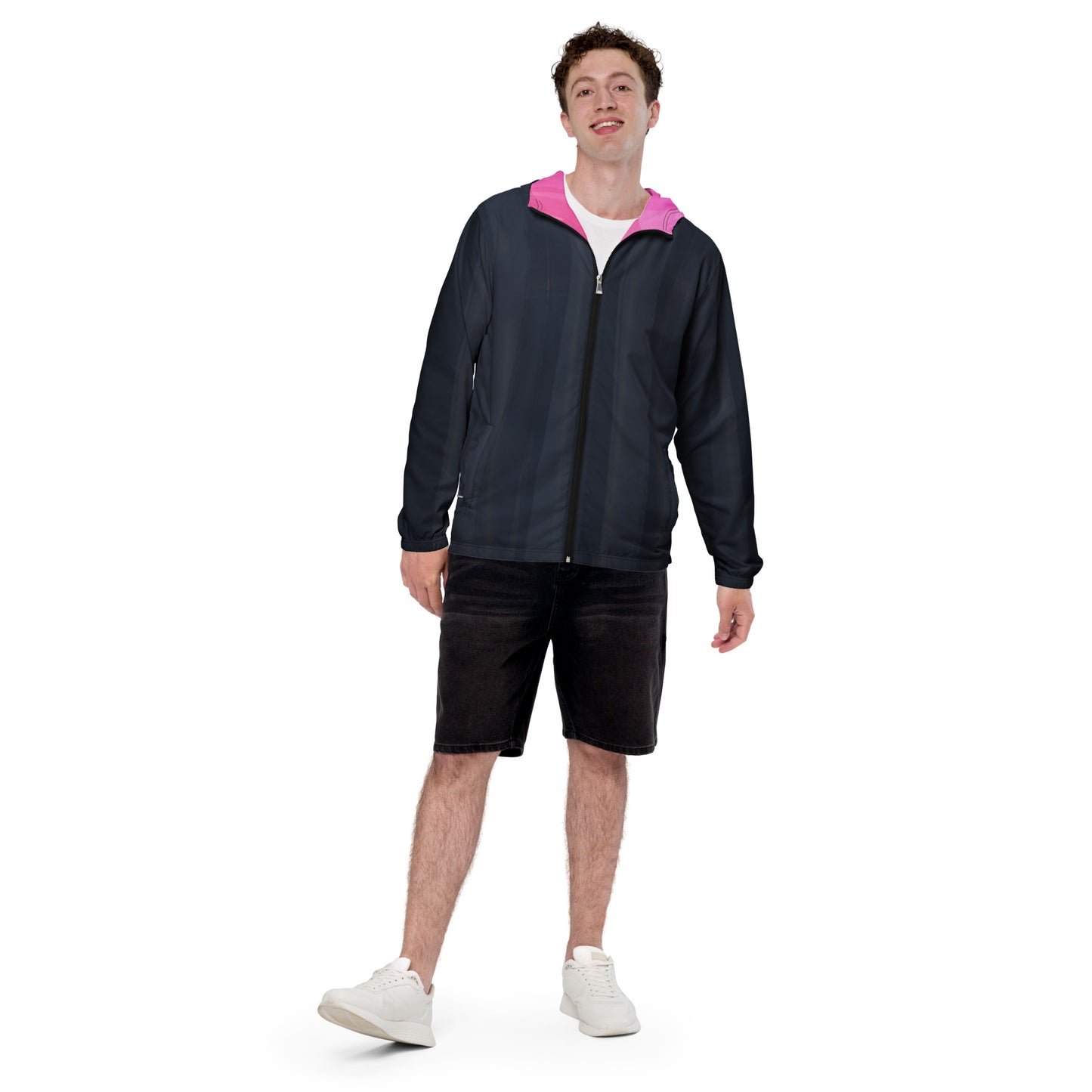 Indigo and Pink Men’s Hooded Windbreaker: Water-Resistant Athletic Jacket
