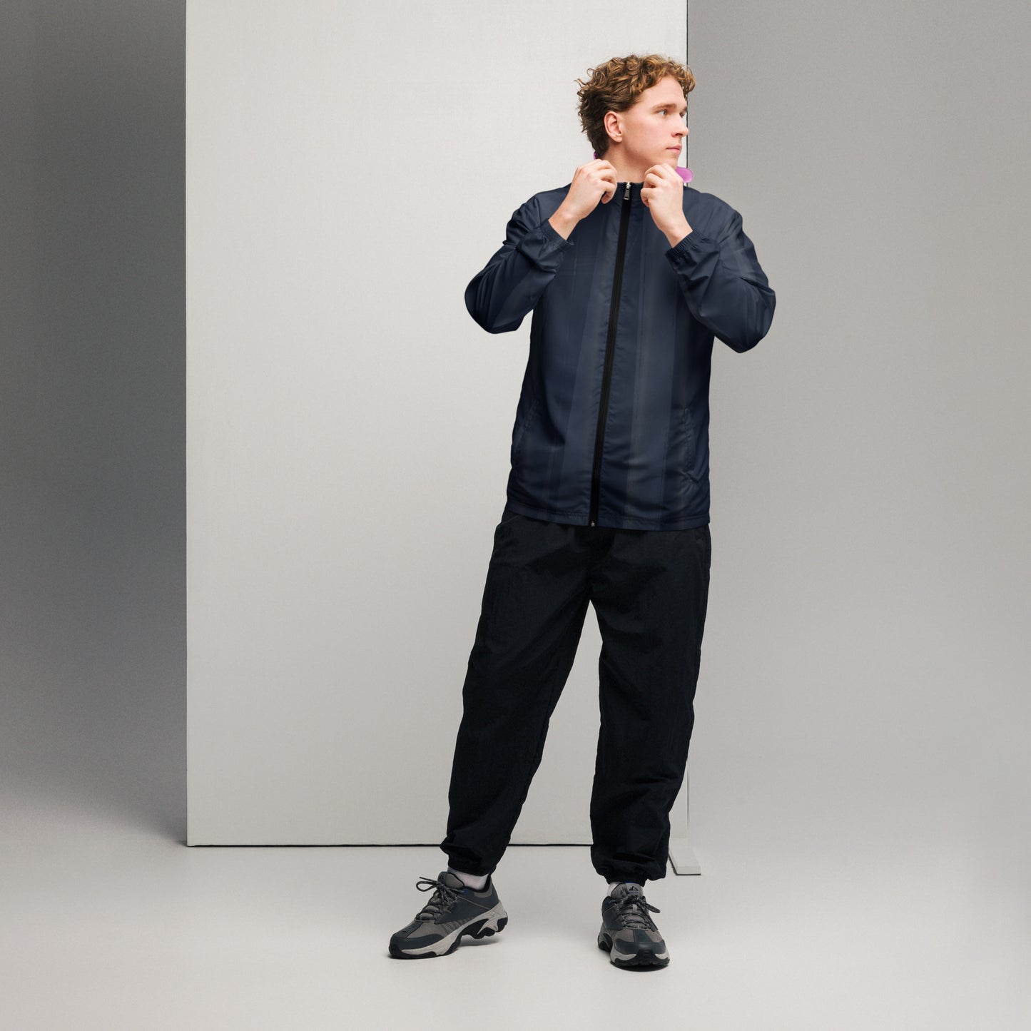 Indigo and Pink Men’s Hooded Windbreaker: Water-Resistant Athletic Jacket