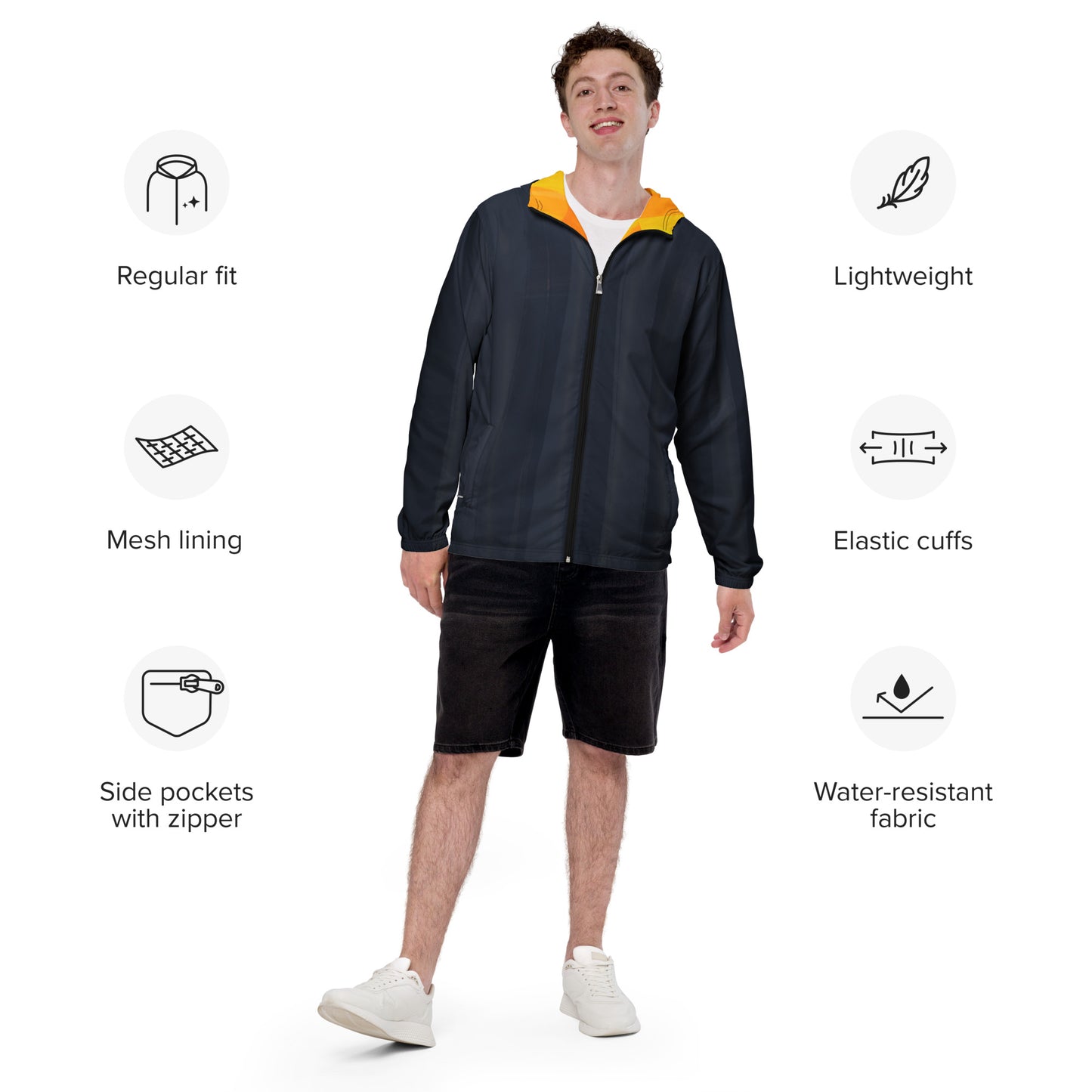 Indigo and Yellow Water-Resistant Windbreaker: Men's Lightweight Mesh-Lined Jacket