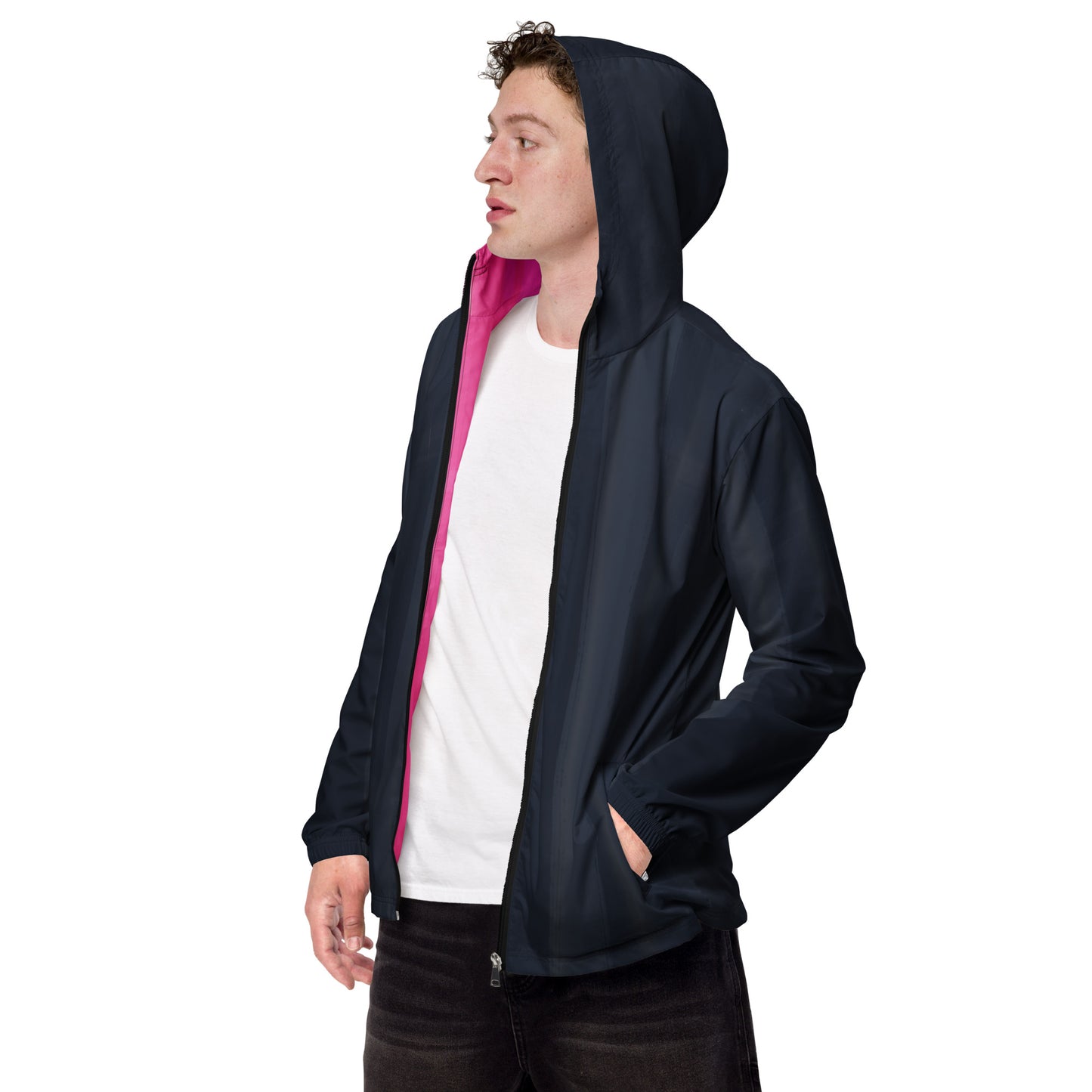 Indigo and Pink Men’s Hooded Windbreaker: Water-Resistant Athletic Jacket