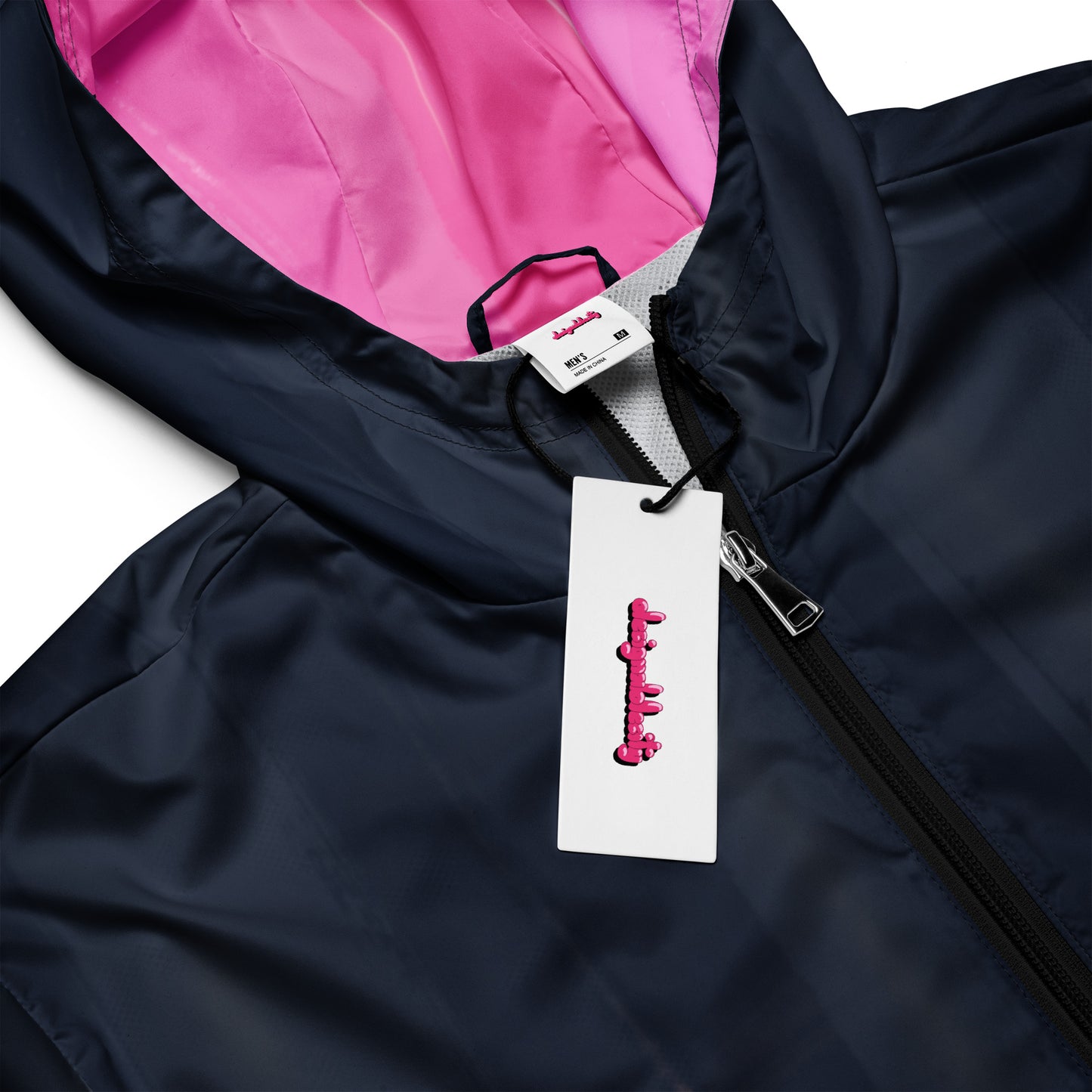 Indigo and Pink Men’s Hooded Windbreaker: Water-Resistant Athletic Jacket