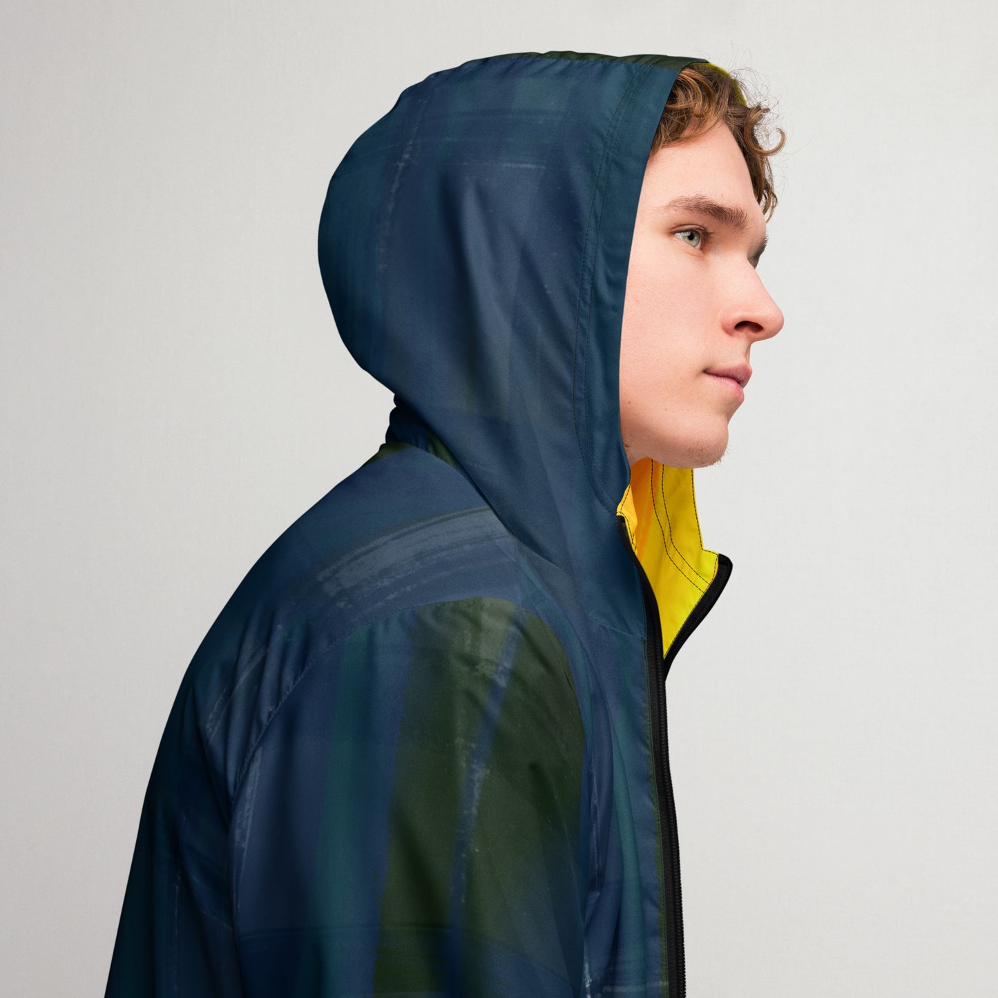 Indigo and Yellow Water-Resistant Windbreaker: Men's Lightweight Mesh-Lined Jacket