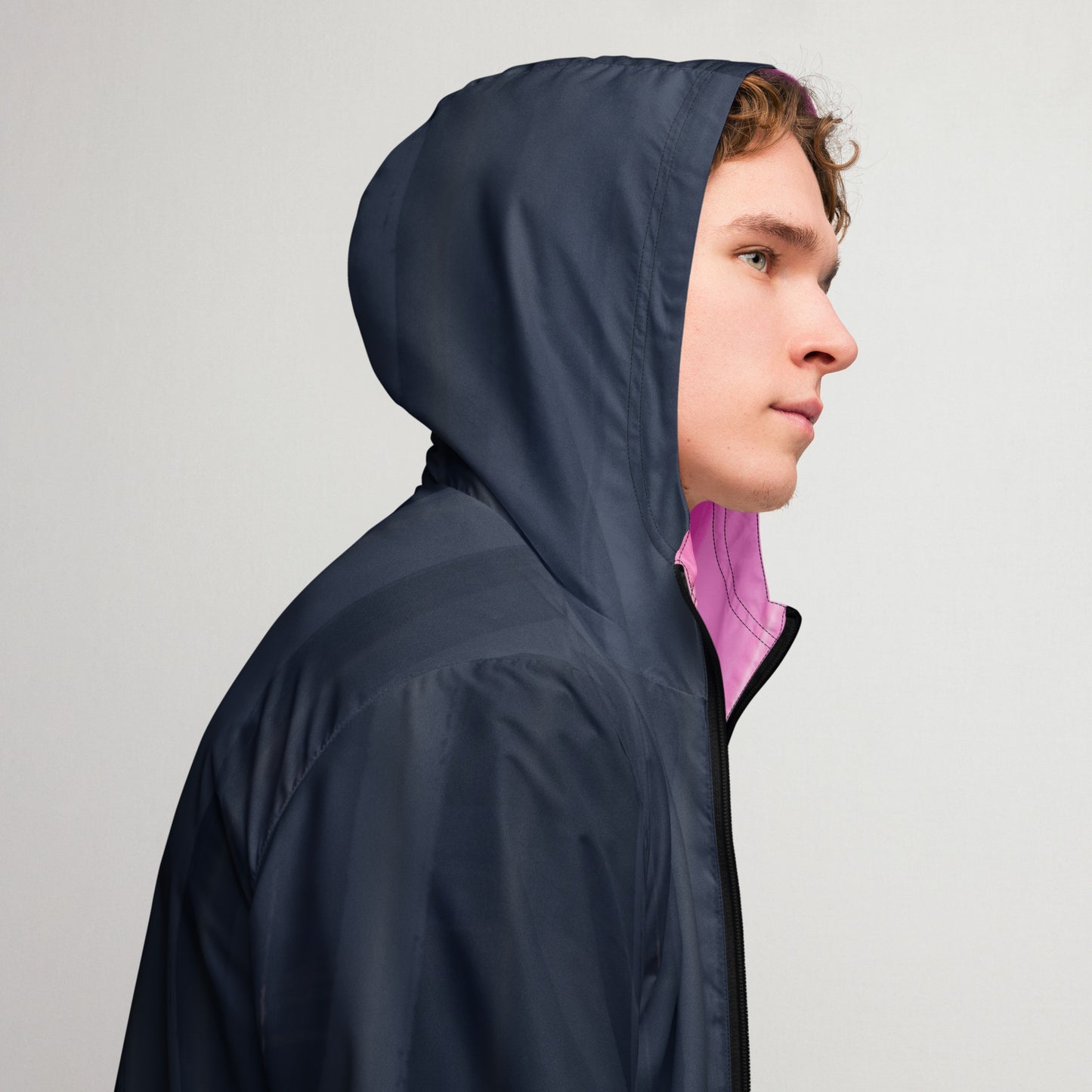 Indigo and Pink Men’s Hooded Windbreaker: Water-Resistant Athletic Jacket