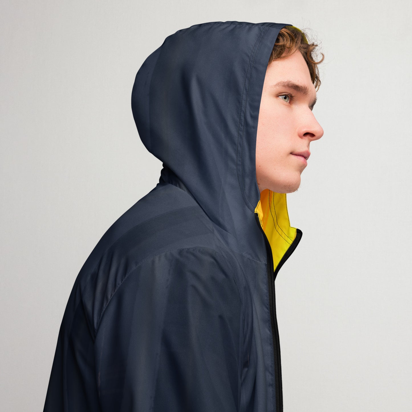 Indigo and Yellow Water-Resistant Windbreaker: Men's Lightweight Mesh-Lined Jacket