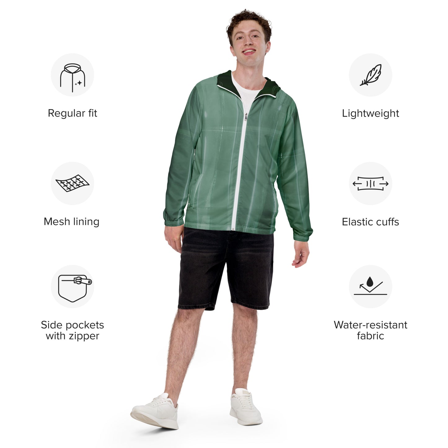Sage Green Water-Resistant Windbreaker, Men's Lightweight Mesh-Lined Jacket