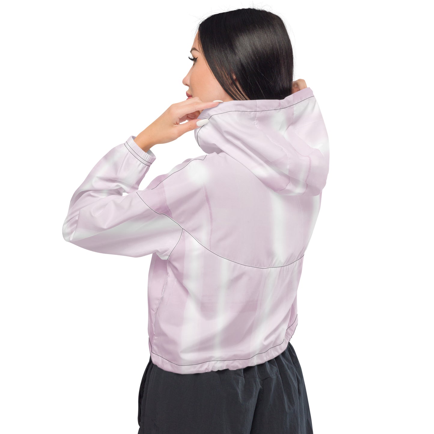 Baby Pink & White Cropped Windbreaker Hoodie – Women's Water-Resistant Jacket
